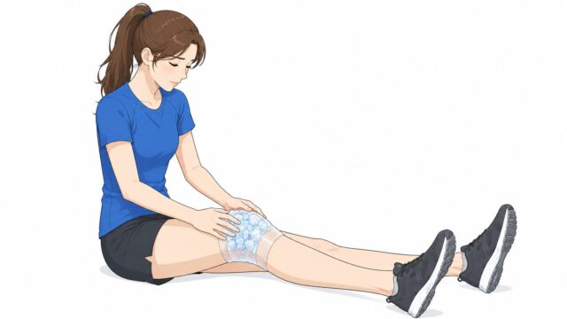 MCL損傷後に膝をアイシングしている女性のイラスト