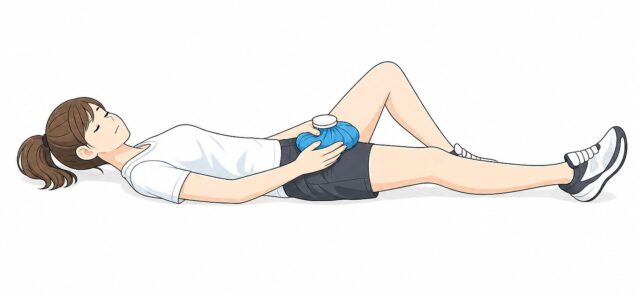 股関節をアイシングしている女性アスリートのイラスト