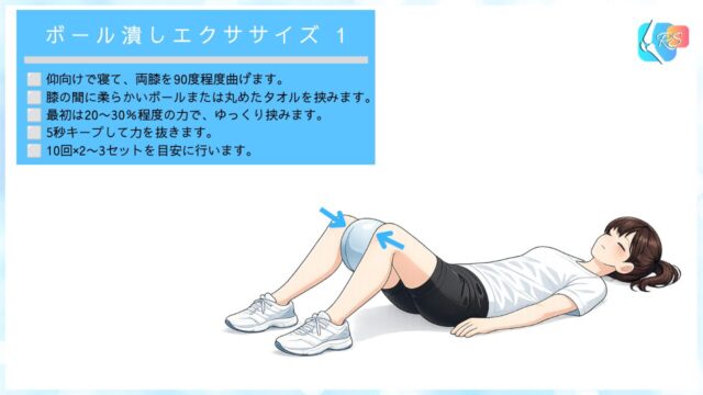内転筋の等尺性収縮エクササイズ、ボール潰しの説明イラスト。