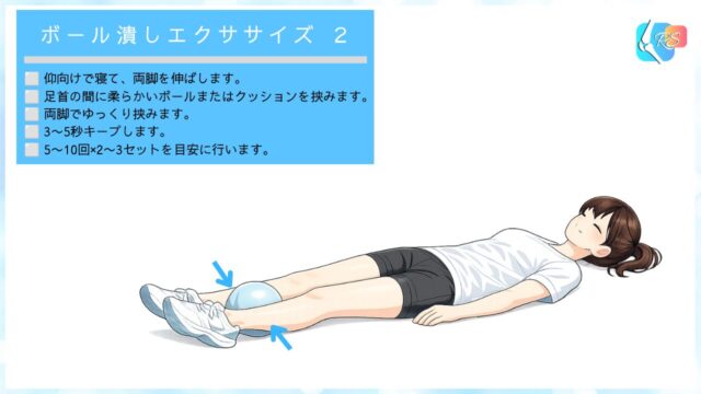 内転筋の等尺性収縮エクササイズ、足首間にボールを挟んだボール潰しエクササイズ