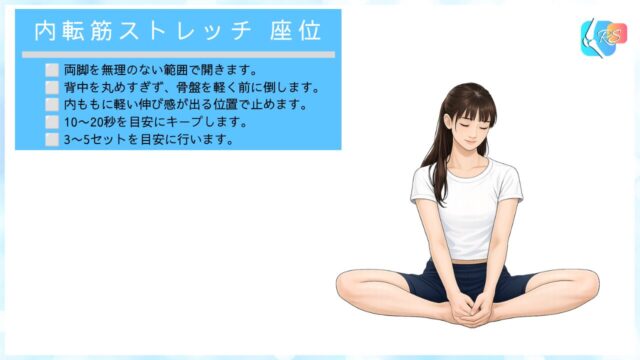 座位での内転筋のストレッチを説明するイラスト。蝶のポーズ