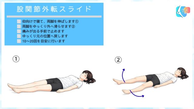 股関節外転スライドエクササイズの説明イラスト。内転筋のストレッチと軽度な収縮をともなるエクササイズです。