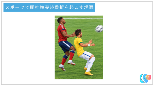 スポーツで腰椎横突起骨折を起こす場面を示したサッカーの接触プレーのイラスト